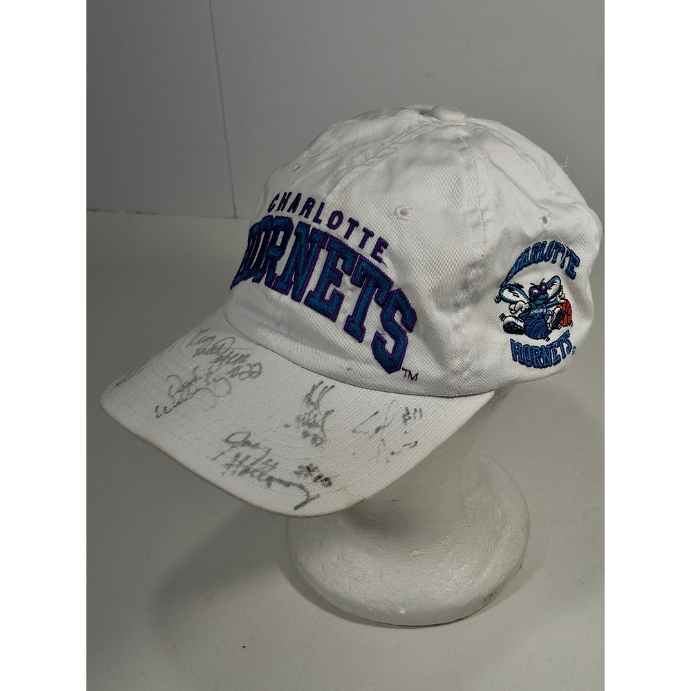 Vintage Charlotte Hornets Signed authographs NBA Basketball Hat White Cap 90s
